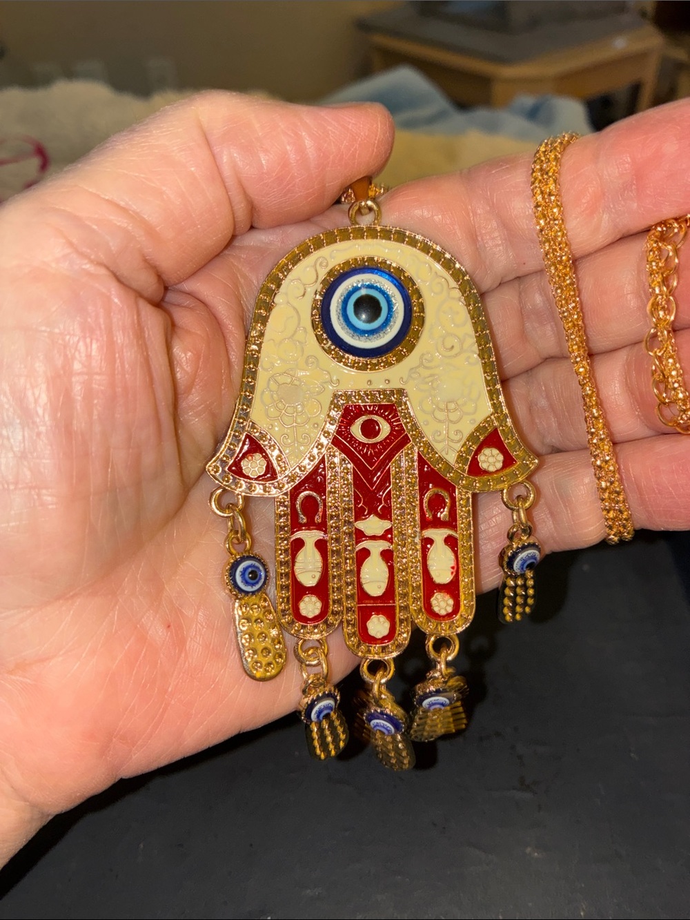 Gold-Tone Hamsa Hand Pendant Necklace with Red & Blue Enamel